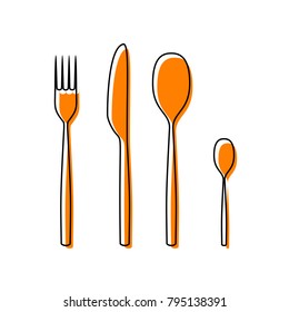 Fork spoon and knife sign. Vector. Black line icon with shifted flat orange filled icon on white background. Isolated.