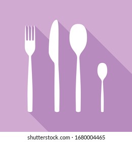 Fork spoon and knife sign. White Icon with long shadow at purple background. Illustration.