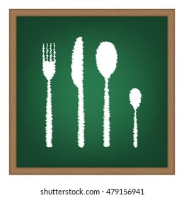 Fork spoon and knife sign. White chalk effect on green school board.