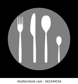 Fork spoon and knife sign. White icon in gray circle at black background. Circumscribed circle. Circumcircle.