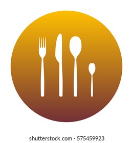 Fork spoon and knife sign. White icon in circle with golden gradient as background. Isolated.