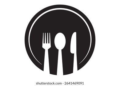 Fork spoon knife silhouette. This image shows a black silhouette of a fork, spoon, and knife, representing essential cutlery used in kitchens and dining settings. Vector clipart illustration design.