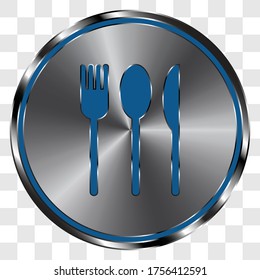 Fork spoon knife simple icon on metal round button. Transparent grid
