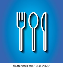 Fork spoon knife simple icon. Flat desing. White icon with shadow on blue background.ai