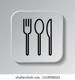 Fork spoon knife simple icon. Flat desing. Black icon on square button with shadow. Grey background.ai