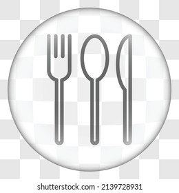 Fork spoon knife simple icon. Flat design. Glass button on transparent grid.ai