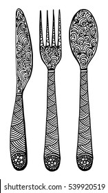 Fork, Spoon and knife sketch set. Cutlery hand drawing collection. Catering engraved vector illustration. Restaurant symbol