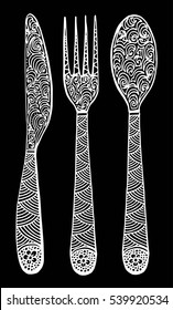 Fork, Spoon and knife sketch set. Cutlery hand drawing collection. Catering engraved vector illustration. Restaurant symbol