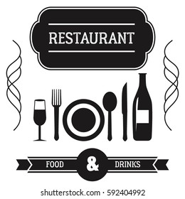 Fork spoon knife utensils silhouette restaurant wine bottle tableware accessory. Black equipment icon set.