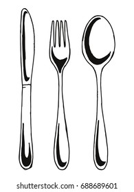 Fork spoon and knife vector. Cutlery hand drawing illustration