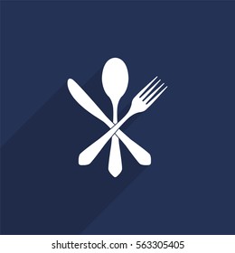 Fork spoon and knife vector icon with long shadow isolated on  blue