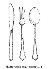 Fork spoon and knife vector set. Cutlery hand drawing illustration