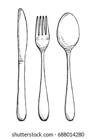 Fork spoon and knife vector set isolated. Cutlery hand drawing illustration