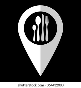 fork spoon knife - white vector icon;  map pointer