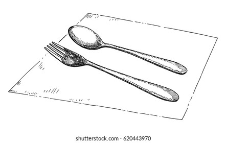 A fork and a spoon lie on the table. Hand vector drawing
