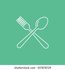 Fork and Spoon Line Icon On Green Background