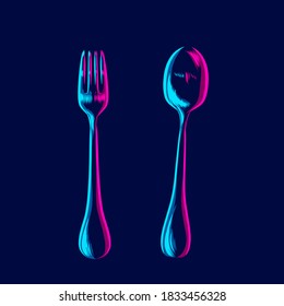 Fork and spoon line pop art portrait logo colorful design with dark background. Abstract vector illustration.