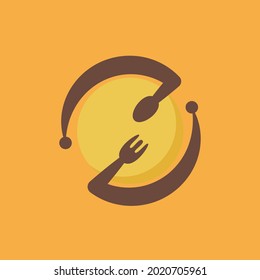 fork and spoon logo circled plate isolated on yellow background