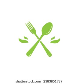 fork and spoon logo with green leaves design. icon symbol for health restaurant food diet and etc.