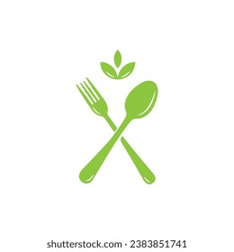 logotipo de horquilla y cuchara con diseño de hojas verdes. símbolo de icono para la dieta de alimentos en restaurantes de salud, etc.