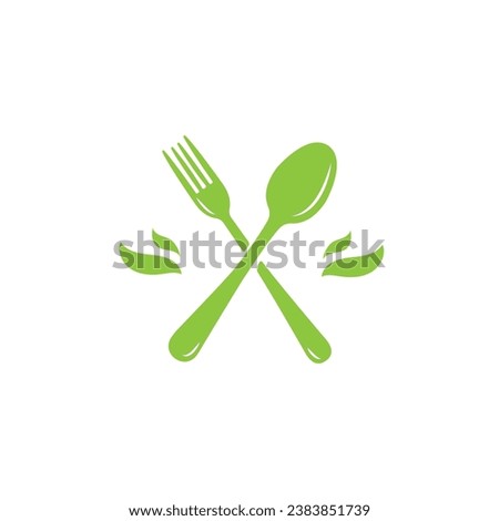 fork and spoon logo with green leaves design. icon symbol for health restaurant food diet and etc.