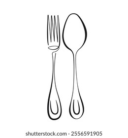 Fork and Spoon in Modern Linear Style. One Line Drawing of Tableware Vector Illustration. Cutlery Line Art Simple Drawing for Minimalistic Design. Not AI