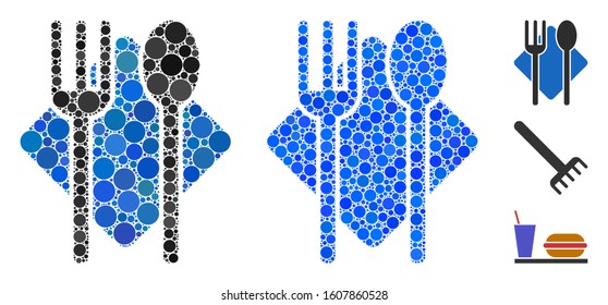 Fork and spoon mosaic of round dots in variable sizes and color tinges, based on fork and spoon icon. Vector round dots are united into blue illustration.