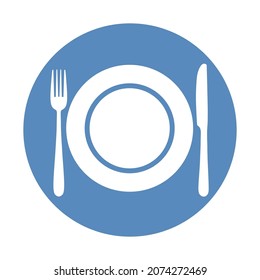 Gabel und Löffel in der Nähe von Platte in blauem Kreis platziert. Restaurant, Café-Symbol. Vektorgrafik.
