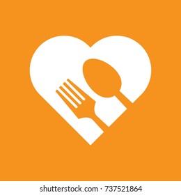 Fork and spoon on heart, Icon flat design on orange background, Love dining or romance concept idea, Vector illustration
