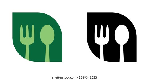 Tenedor y cuchara en una silueta de hoja. Diseño de Ilustración vectorial de logotipo de concepto de comida saludable. Negro y verde.