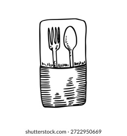 Fork and spoon on a napkin sketch on a white background