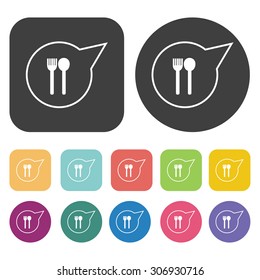 Fork and spoon on pin or dinner location icons set. Vector Illustration eps10
