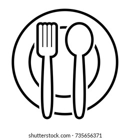 Fork and spoon on plate, outline design. Vector illustration