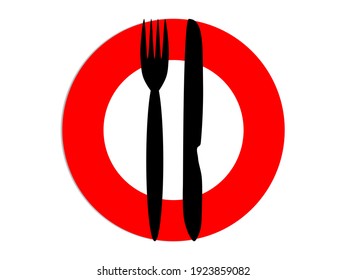 Fork and spoon on a red plate, a sign of diet.