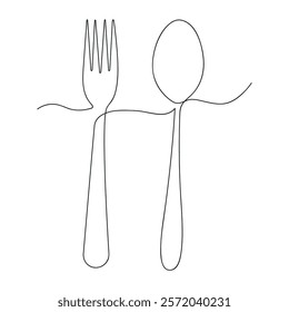 Fork and spoon in one continuous line. One line drawing, minimalism. Vector illustration.