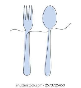 Fork and spoon in one continuous line in color. One line drawing, minimalism. Vector illustration.