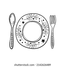 Fork, spoon and plate with floral ornament, boho icon for menu, food concept, highlight icon. Colored vintage sketch illustration. Vector isolated on white.