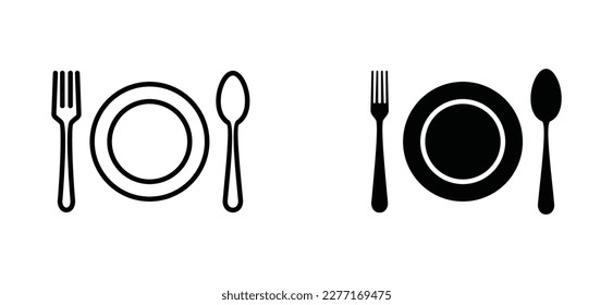 Fork, spoon, and plate icon. Cutlery icon set in line and flat style. Dinnerware icon symbol. Restaurant sign and symbol. Vector illustration