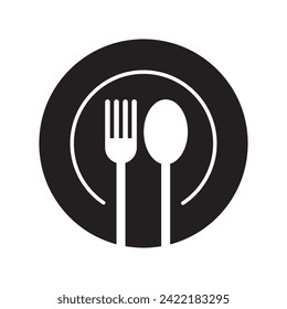 Fork and spoon in plate icon, Kitchen utensil sign, Dining cutlery silhouette design, Vector illustration