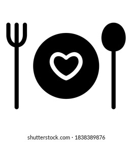 Fork, Spoon, Plate with Love Sign. Appetite Symbol. Food Lover Solid Glyph Icon
