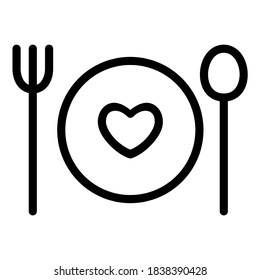 Fork, Spoon, Plate with Love Sign. Appetite Symbol. Food Lover Outline Icon