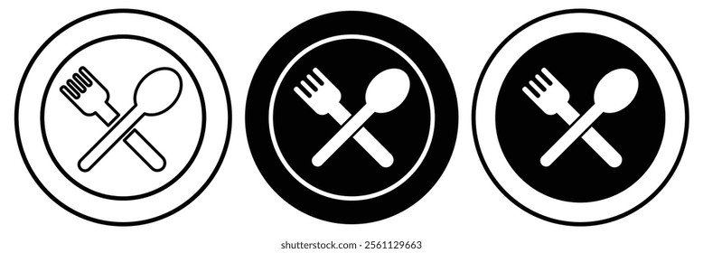 Fork, spoon and plate. Menu symbol. Tableware instruments. Restaurant icon. Plate, fork, spoon, cutlery icon. Dinner dish or plate with spoon and fork sign.