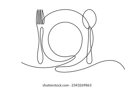 Fork, Spoon and Plate One Line Art Vector Illustration