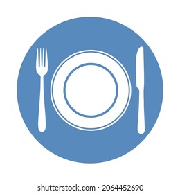 Gabel und Löffel und Platte in blauem Kreis platziert. Restaurant, Café-Symbol. Vektorgrafik.