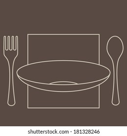 Fork, spoon and plate silhouettes, isolated on dark background.