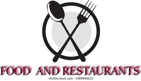 fork, spoon, plate, vector with black lettering below the word food and restaurant on a white background.