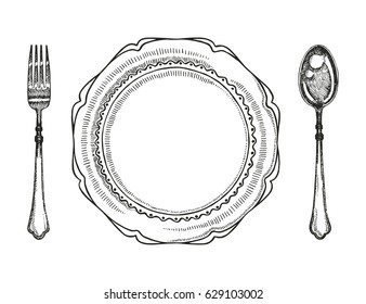 Fork spoon and plate. Vintage vector illustration