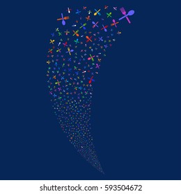Fork And Spoon random fireworks stream. Vector illustration style is flat bright multicolored iconic symbols on a blue background. Object fountain done from scattered pictographs.