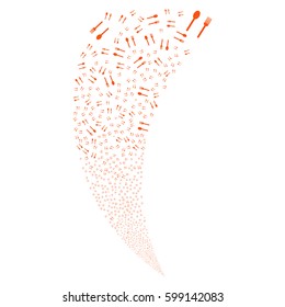 Fork And Spoon random fireworks stream. Vector illustration style is flat orange iconic symbols on a white background. Object fountain organized from scattered design elements.