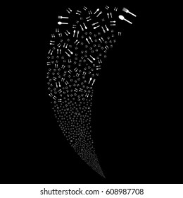 Fork And Spoon random fireworks stream. Vector illustration style is flat white iconic symbols on a black background. Object fountain created from scattered symbols.